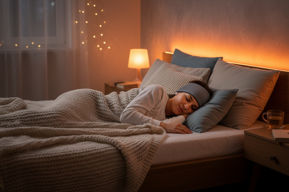 Person sleeping peacefully wearing the Bluetooth Sleep Headband in a cozy bedroom